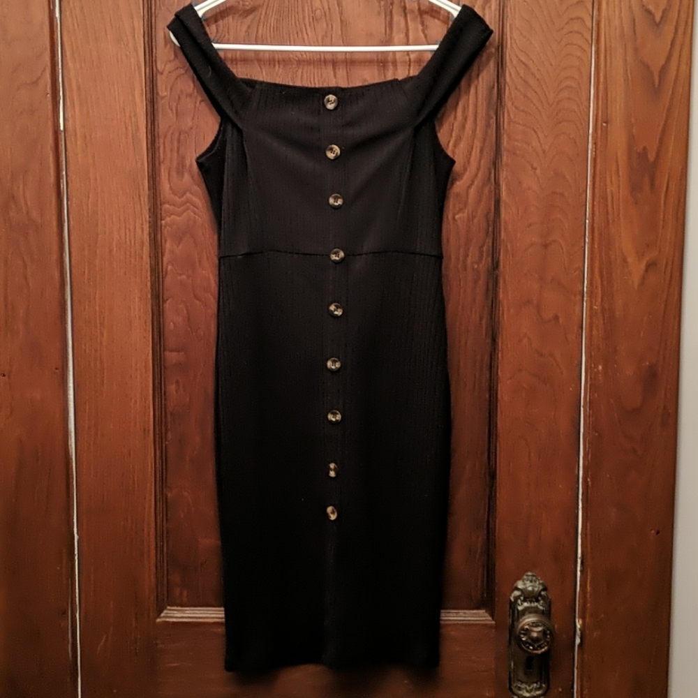 Large Black Midi Bodycon Button Off shoulder Dress